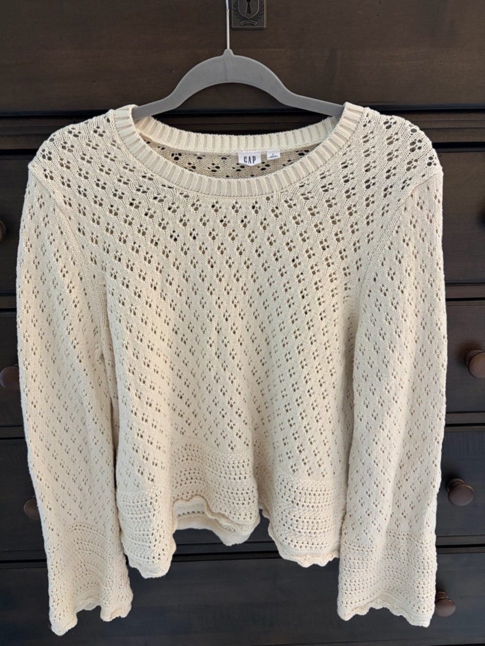 GAP Women's Cream Openwork Crochet Crewneck Sweater